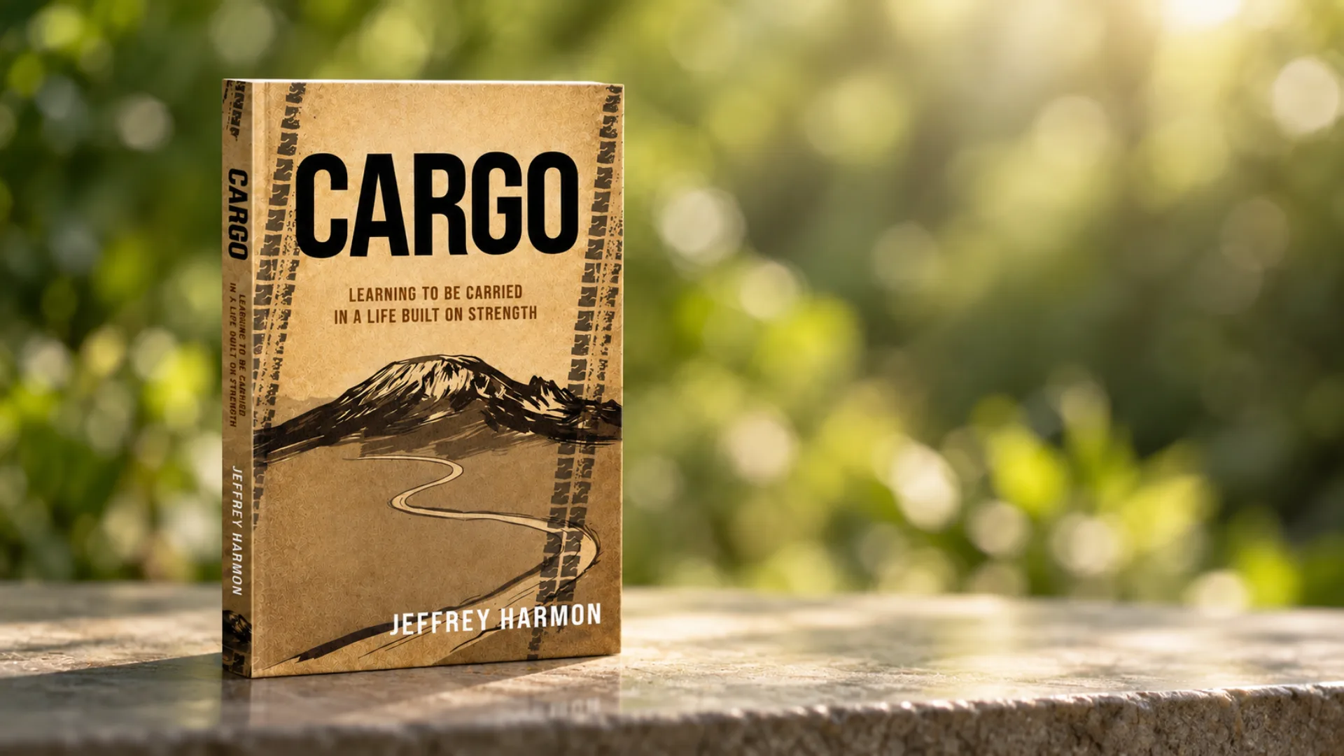 Cargo by Jeff D. Harmon standing on a stone ledge in sunlit greenery
