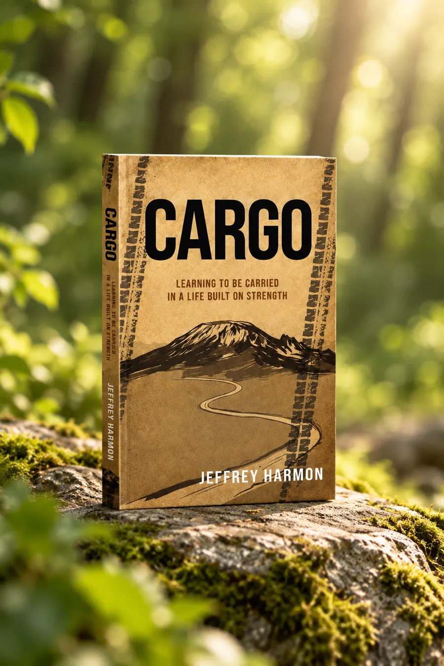Cargo by Jeff D. Harmon resting on a mossy stone in a sunlit forest